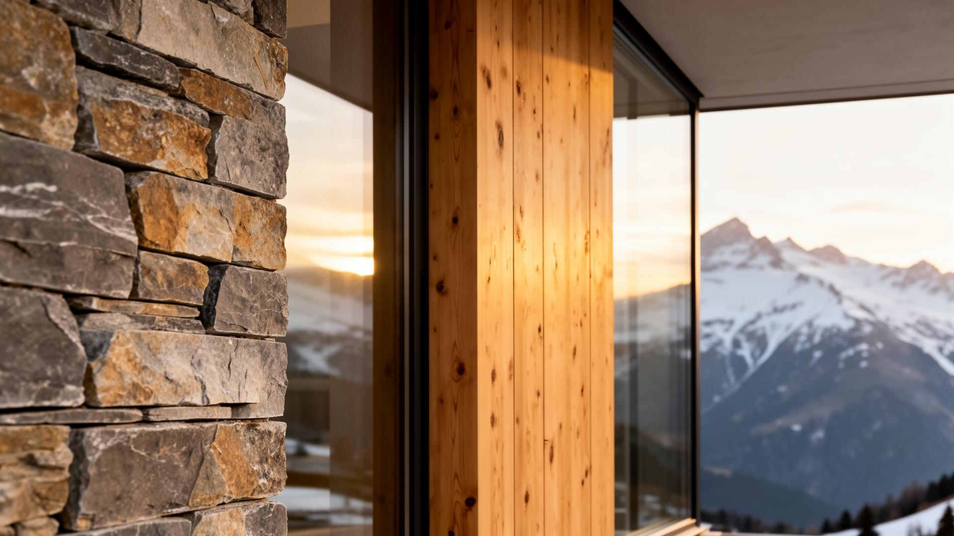 Hochwertige Materialien Stein, Holz und Glas an einem alpinen Wohnhaus